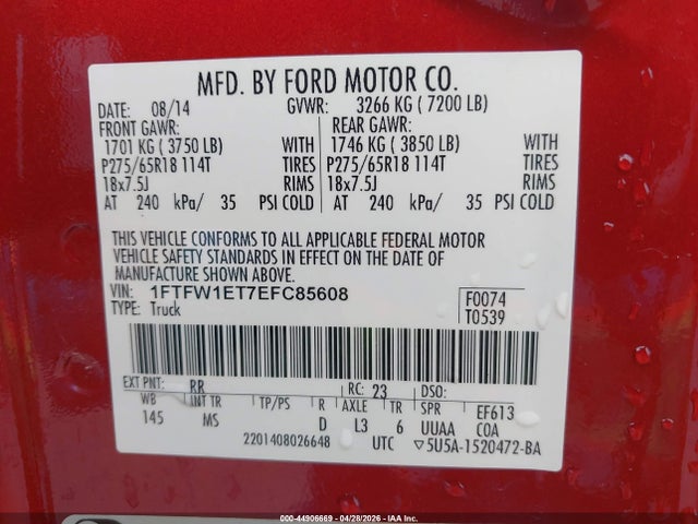 2014 Ford F-150 Xlt მანქანა იყიდება აუქციონზე, vin: 1FTFW1ET7EFC85608, აუქციონის ნომერი: 44906669