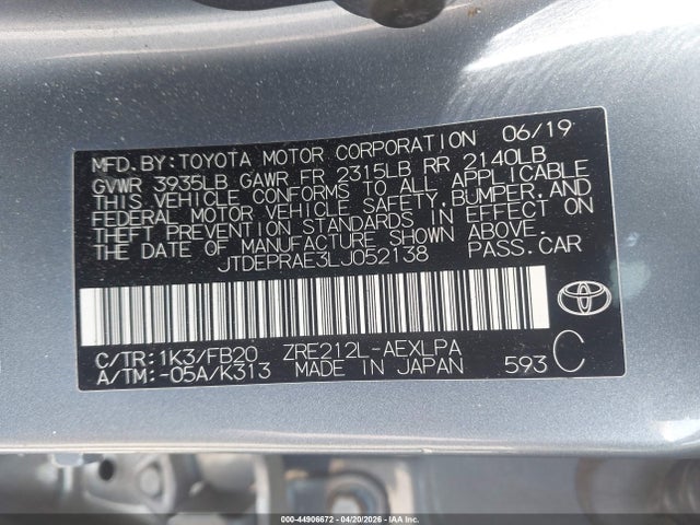 Aukcja sprzedaży 2020 Toyota Corolla Le, vin: JTDEPRAE3LJ052138, numer aukcji: 44906672