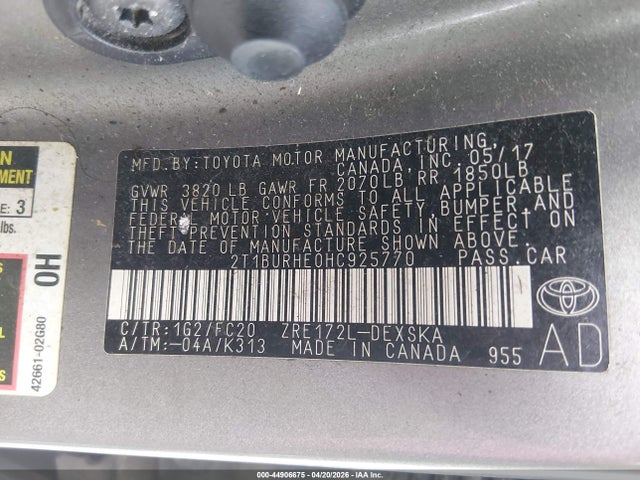 Продажа на аукционе авто 2017 Toyota Corolla Se, vin: 2T1BURHE0HC925770, номер лота: 44906675