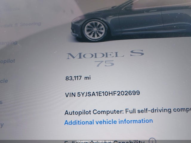 Продажа на аукционе авто 2017 Tesla Model S 60/75, vin: 5YJSA1E10HF202699, номер лота: 44906679