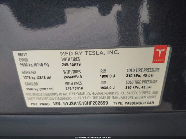 Продажа на аукционе авто 2017 Tesla Model S 60/75, vin: 5YJSA1E10HF202699, номер лота: 44906679