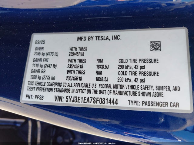 5YJ3E1EA7SF081444 Tesla Model 3 Long Range Rear-wheel Drive/standard Rear-wheel Drive