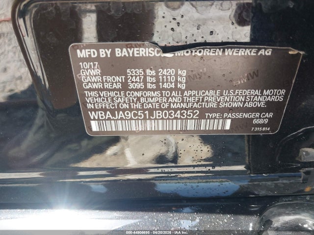 2018 Bmw 530e Iperformance მანქანა იყიდება აუქციონზე, vin: WBAJA9C51JB034352, აუქციონის ნომერი: 44906695