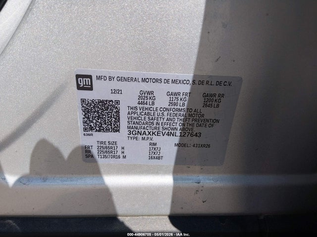 44906705 :رقم المزاد ، 3GNAXKEV4NL127643 vin ، 2022 Chevrolet Equinox Fwd Lt مزاد بيع