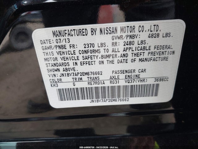 2014 Infiniti Q50 Premium მანქანა იყიდება აუქციონზე, vin: JN1BV7AP2EM676662, აუქციონის ნომერი: 44906708