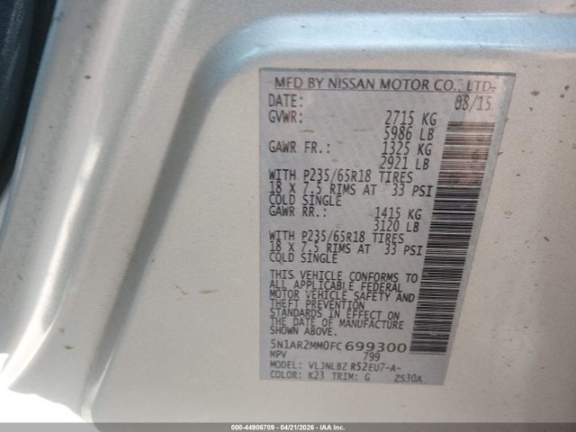 Продажа на аукционе авто 2015 Nissan Pathfinder S, vin: 5N1AR2MM0FC699300, номер лота: 44906709