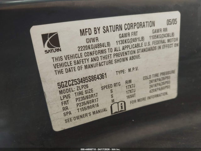 2005 Saturn Vue V6 მანქანა იყიდება აუქციონზე, vin: 5GZCZ53495S864361, აუქციონის ნომერი: 44906718