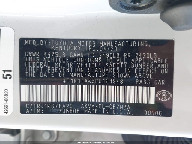 44906729 :رقم المزاد ، 4T1R11AK6PU161848 vin ، 2023 Toyota Camry Le مزاد بيع