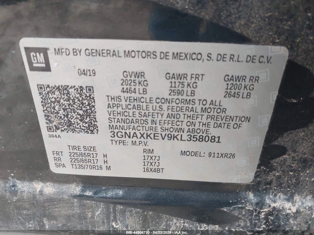 2019 Chevrolet Equinox Lt მანქანა იყიდება აუქციონზე, vin: 3GNAXKEV9KL358081, აუქციონის ნომერი: 44906730