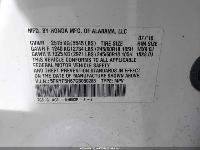 Auction sale of the 2016 Honda Pilot Ex-l, vin: 5FNYF5H67GB050283, lot number: 44906733