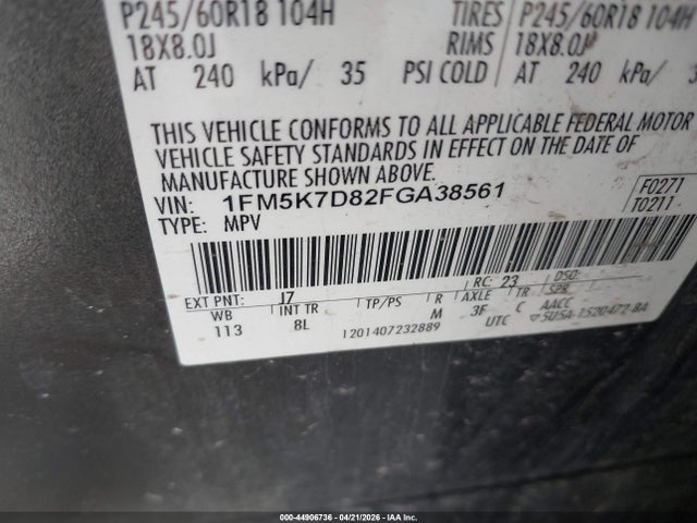 44906736 :رقم المزاد ، 1FM5K7D82FGA38561 vin ، 2015 Ford Explorer Xlt مزاد بيع