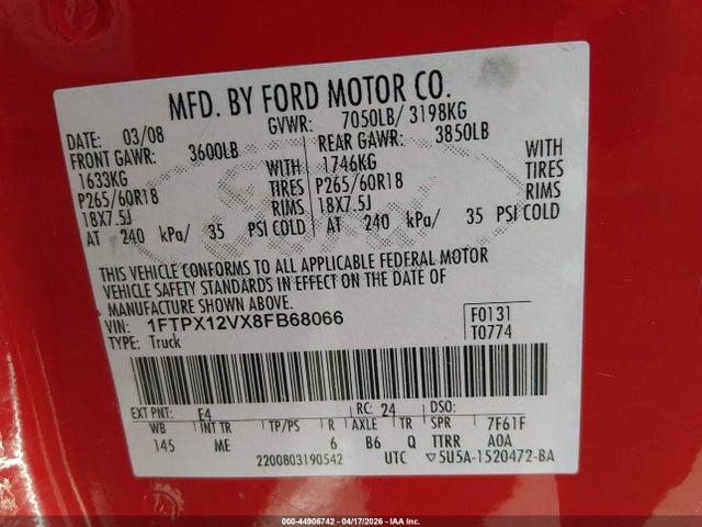 44906742 :رقم المزاد ، 1FTPX12VX8FB68066 vin ، 2008 Ford F-150 Xlt مزاد بيع