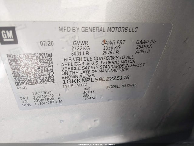 44906743 :رقم المزاد ، 1GKKNPLS9LZ225179 vin ، 2020 Gmc Acadia Fwd Denali مزاد بيع
