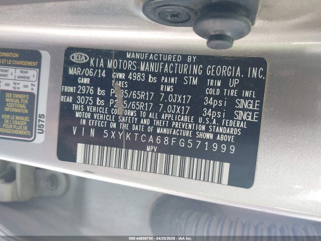 Продаж на аукціоні авто 2015 Kia Sorento Lx, vin: 5XYKTCA68FG571999, номер лоту: 44906750