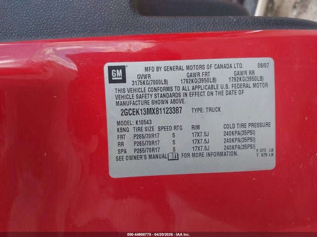 Auction sale of the 2008 Chevrolet Silverado 1500 Lt1, vin: 2GCEK13MX81123387, lot number: 44906775