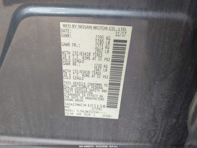 44906781 :رقم المزاد ، 5N1AZ2MH2JN105158 vin ، 2018 Nissan Murano Sv مزاد بيع