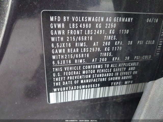 Aukcja sprzedaży 2016 Volkswagen Tiguan S, vin: WVGBV7AX0GW605539, numer aukcji: 44906791