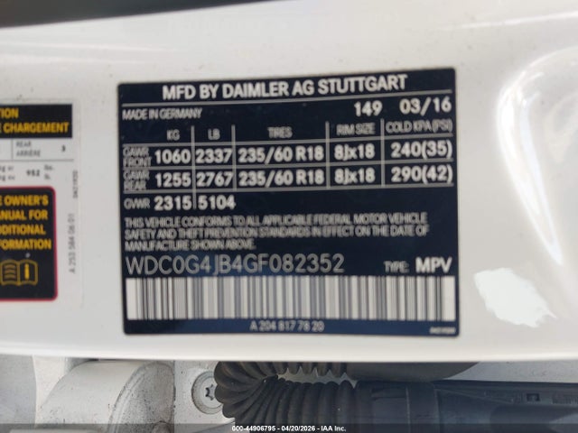 Aukcja sprzedaży 2016 Mercedes-benz Glc 300, vin: WDC0G4JB4GF082352, numer aukcji: 44906795