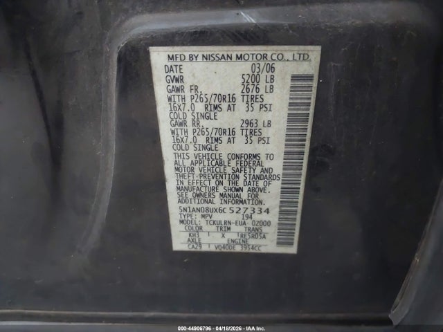Aukcja sprzedaży 2006 Nissan Xterra S, vin: 5N1AN08UX6C527334, numer aukcji: 44906796