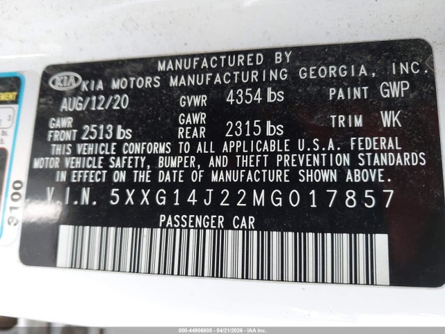Aukcja sprzedaży 2021 Kia K5 Lxs, vin: 5XXG14J22MG017857, numer aukcji: 44906805