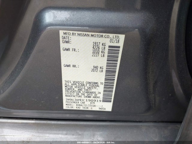 44906811 :رقم المزاد ، 1N4AL3AP8JC190919 vin ، 2018 Nissan Altima 2.5 Sl مزاد بيع