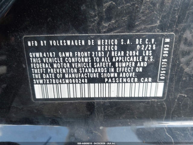 44906818 :رقم المزاد ، 3VW7X7BU4SM060248 vin ، 2025 Volkswagen Jetta 1.5t Se مزاد بيع