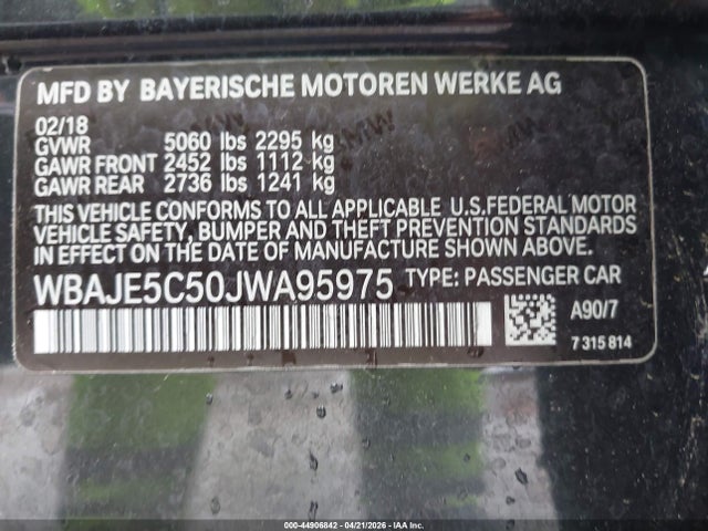 Продаж на аукціоні авто 2018 Bmw 540i, vin: WBAJE5C50JWA95975, номер лоту: 44906842