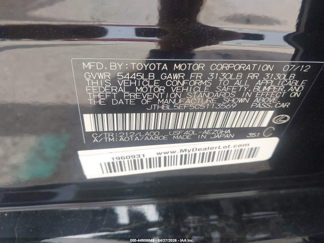 2012 Lexus Ls 460 მანქანა იყიდება აუქციონზე, vin: JTHBL5EF5C5113569, აუქციონის ნომერი: 44906849