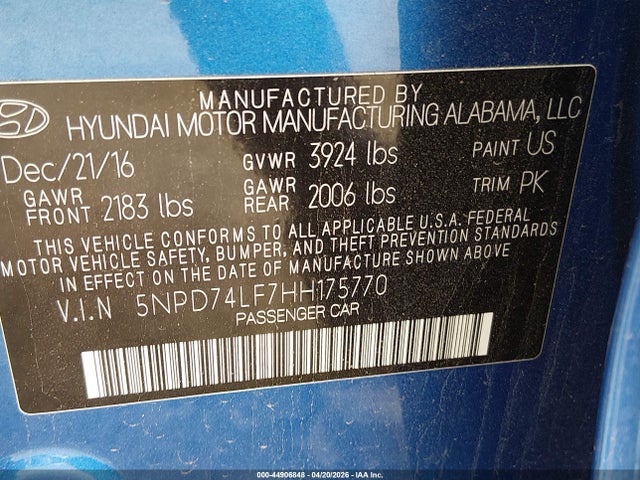 2017 Hyundai Elantra Se მანქანა იყიდება აუქციონზე, vin: 5NPD74LF7HH175770, აუქციონის ნომერი: 44906848