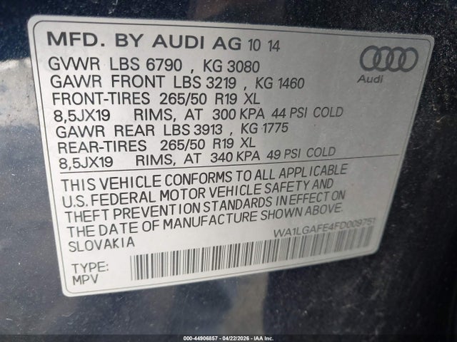 2015 Audi Q7 3.0t Premium მანქანა იყიდება აუქციონზე, vin: WA1LGAFE4FD009751, აუქციონის ნომერი: 44906857