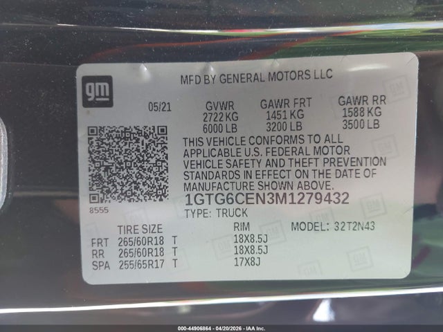 44906864 :رقم المزاد ، 1GTG6CEN3M1279432 vin ، 2021 Gmc Canyon 4wd  Short Box Elevation مزاد بيع