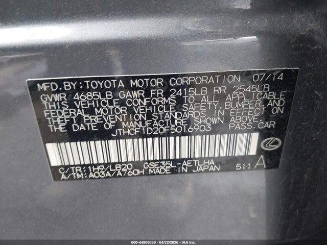 Продажа на аукционе авто 2015 Lexus Is 250, vin: JTHCF1D20F5016903, номер лота: 44906869