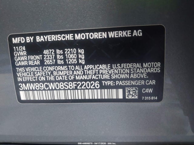 44906870 :رقم المزاد ، 3MW89CW08S8F22026 vin ، 2025 Bmw 330i Xdrive مزاد بيع