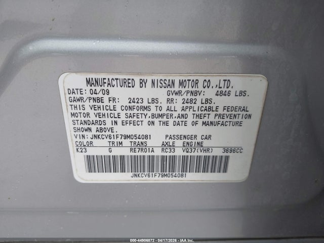 Продаж на аукціоні авто 2009 Infiniti G37x, vin: JNKCV61F79M054081, номер лоту: 44906872