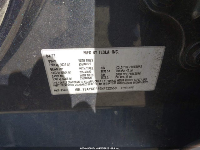 44906874 :رقم المزاد ، 7SAYGDEE9NF422550 vin ، 2022 Tesla Model Y Long Range Dual Motor All-wheel Drive مزاد بيع