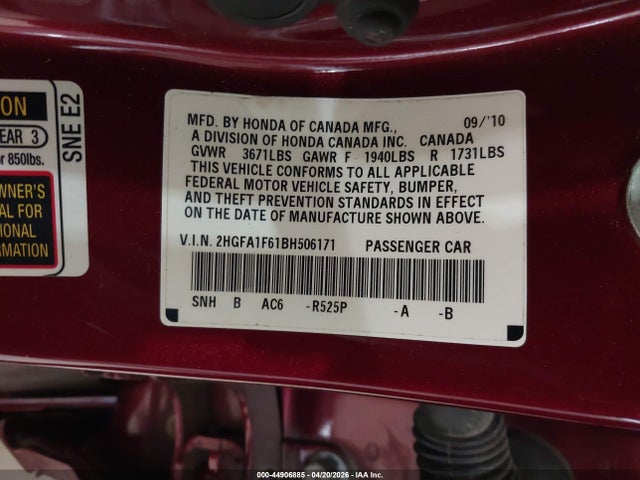 2011 Honda Civic Lx-s მანქანა იყიდება აუქციონზე, vin: 2HGFA1F61BH506171, აუქციონის ნომერი: 44906885