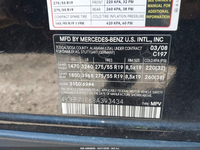 Aukcja sprzedaży 2008 Mercedes-benz Gl 450 4matic, vin: 4JGBF71E68A393434, numer aukcji: 44906886