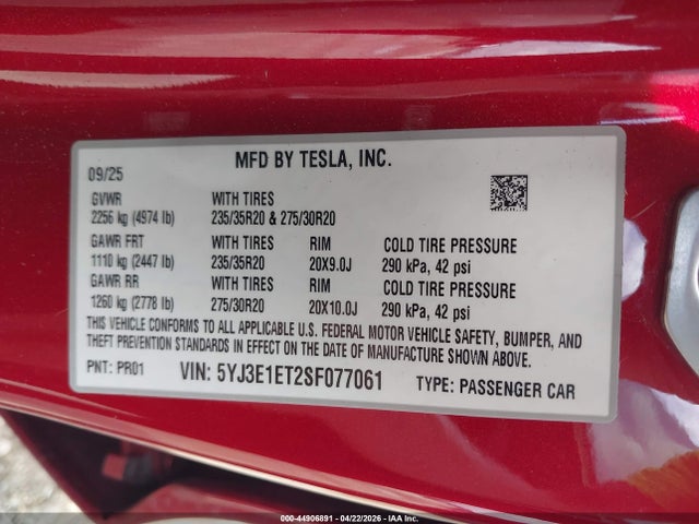 Tesla Model 3 Performance All-wheel Drive 2025 5YJ3E1ET2SF077061 Image 9