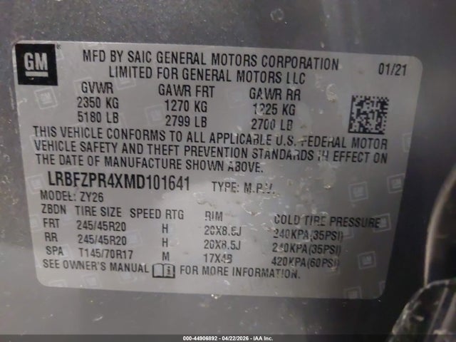 2021 Buick Envision Awd Essence მანქანა იყიდება აუქციონზე, vin: LRBFZPR4XMD101641, აუქციონის ნომერი: 44906892