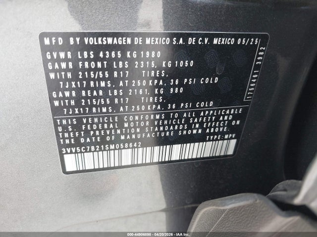 44906898 :رقم المزاد ، 3VV5C7B21SM058642 vin ، 2025 Volkswagen Taos 1.5t S مزاد بيع