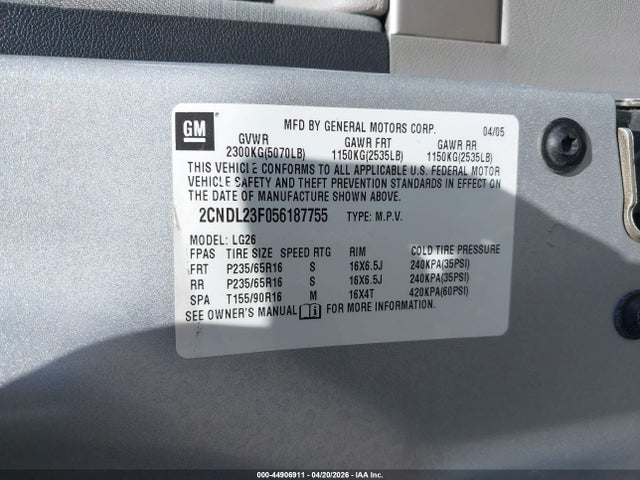 Aukcja sprzedaży 2005 Chevrolet Equinox Ls, vin: 2CNDL23F056187755, numer aukcji: 44906911