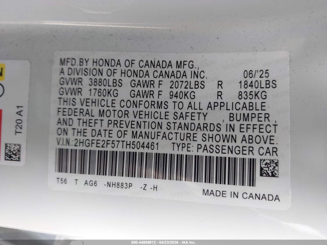 Honda Civic Sport 2026 2HGFE2F57TH504461 Image 9