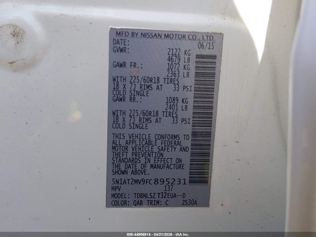 Aukcja sprzedaży 2015 Nissan Rogue Sl, vin: 5N1AT2MV9FC895231, numer aukcji: 44906914
