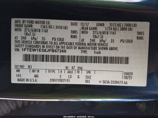 Продаж на аукціоні авто 2018 Ford F-150 Xlt, vin: 1FTEW1E58JFB67266, номер лоту: 44906918