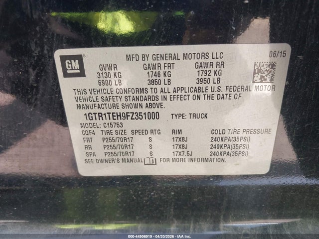 44906919 :رقم المزاد ، 1GTR1TEH9FZ351000 vin ، 2015 Gmc Sierra 1500 مزاد بيع