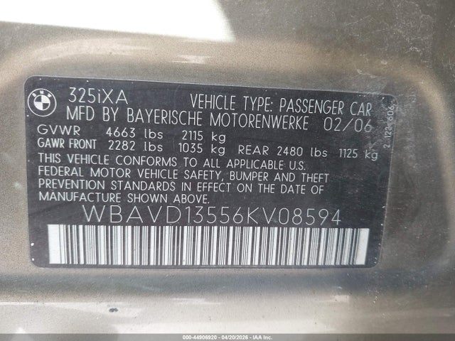 Продаж на аукціоні авто 2006 Bmw 325xi, vin: WBAVD13556KV08594, номер лоту: 44906920