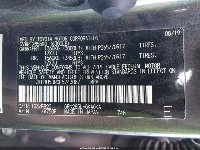 JTEBU5JR0L5743087 Toyota 4RUNNER SR5