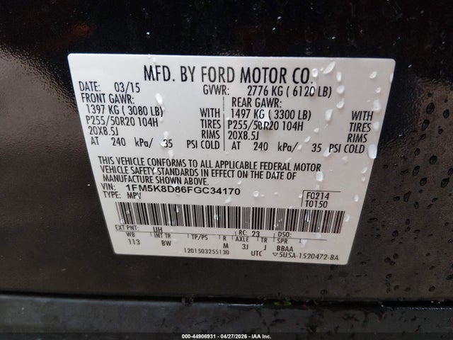 44906931 :رقم المزاد ، 1FM5K8D86FGC34170 vin ، 2015 Ford Explorer Xlt مزاد بيع