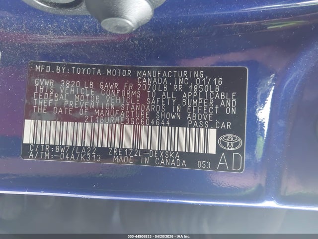 2T1BURHE3GC604644 Toyota Corolla S Premium