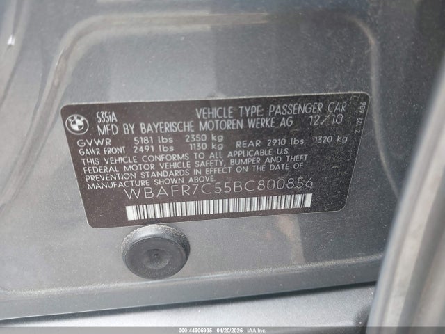 2011 Bmw 535i მანქანა იყიდება აუქციონზე, vin: WBAFR7C55BC800856, აუქციონის ნომერი: 44906935